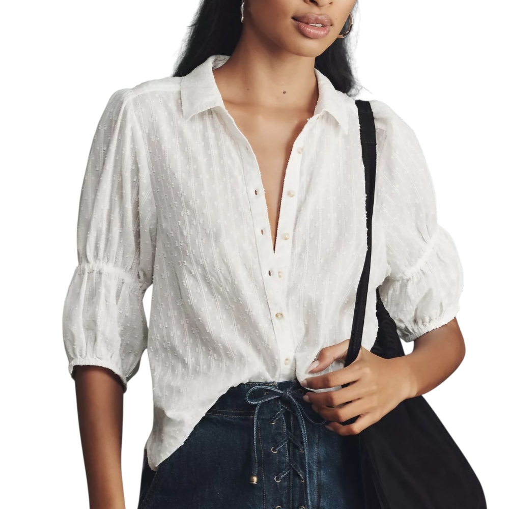 Pilcro Tallulah Puff Sleeve Blouse Button Down Front White Boho Feminine , XL